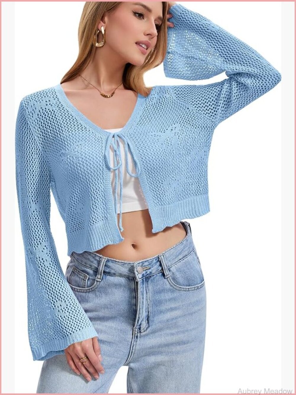 Crochet Cardigan Tie Front Shrug Bell Sleeve Summer Knit Bow Cropped Top